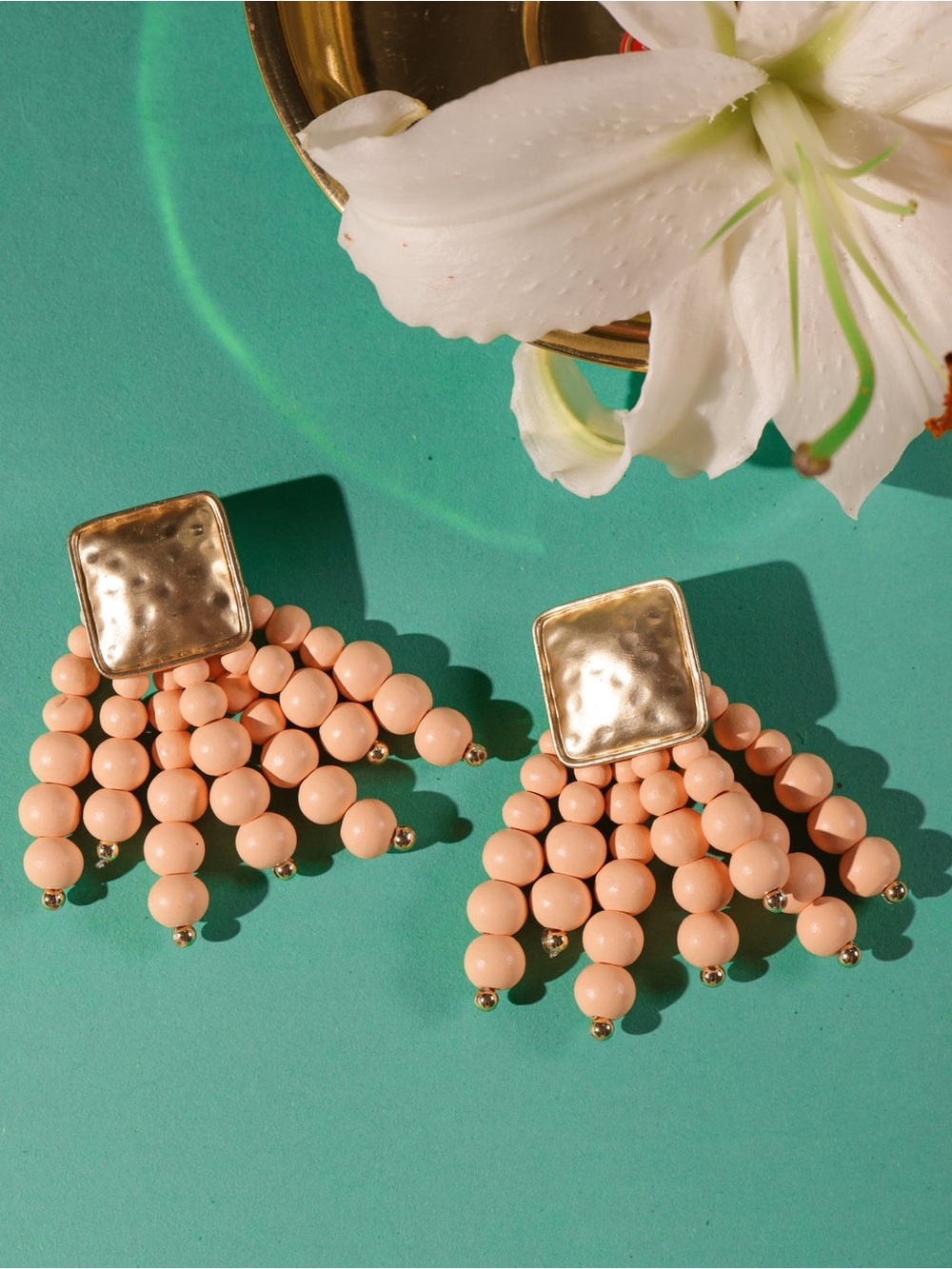 Gold and Blush Beaded Tassel Drop Earrings - Women Jewelry